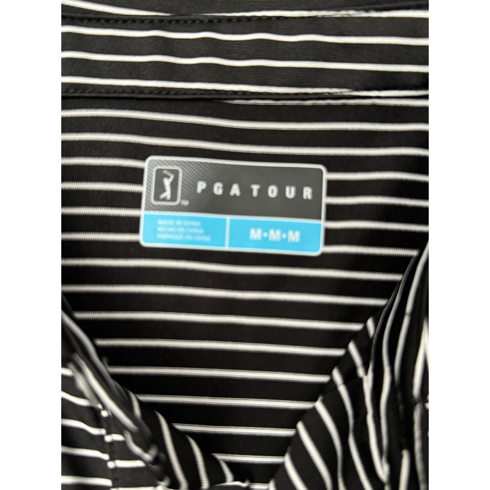PGA Tour Golf Polo Shirt Striped Performance Black White Medium Short Sleeve - Picture 4 of 6